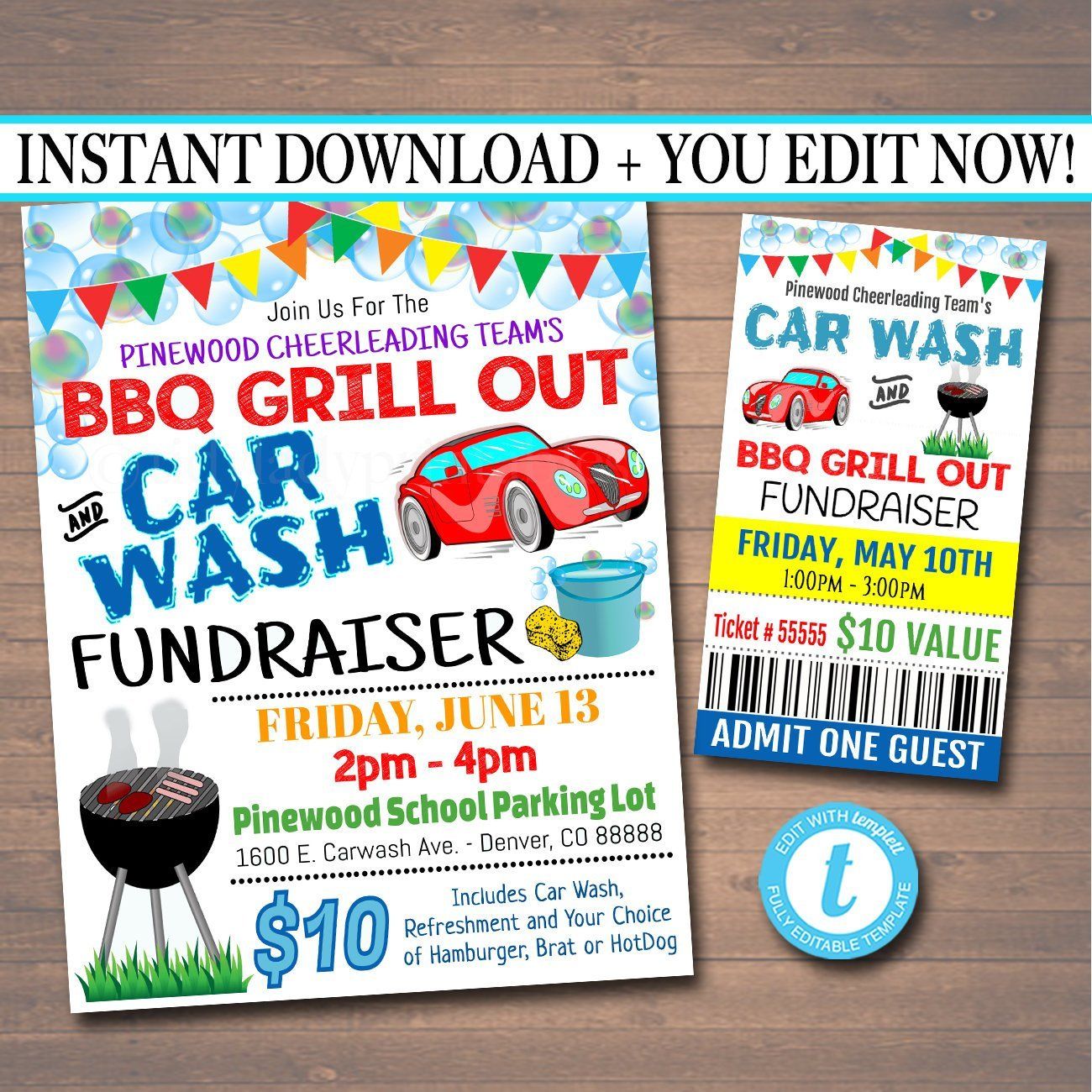 BBQ And Car Wash Fundraiser Printable Flyer Ticket Set