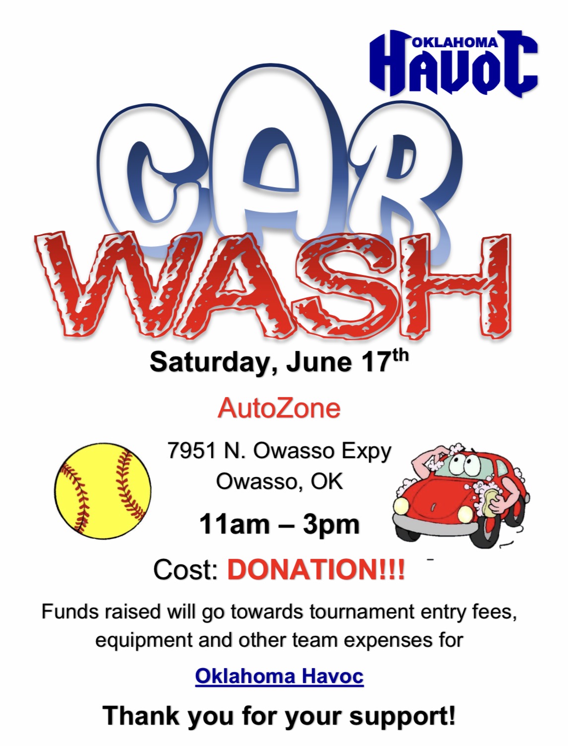 Ok Havoc Softball Team Car Wash Saturday At AutoZone